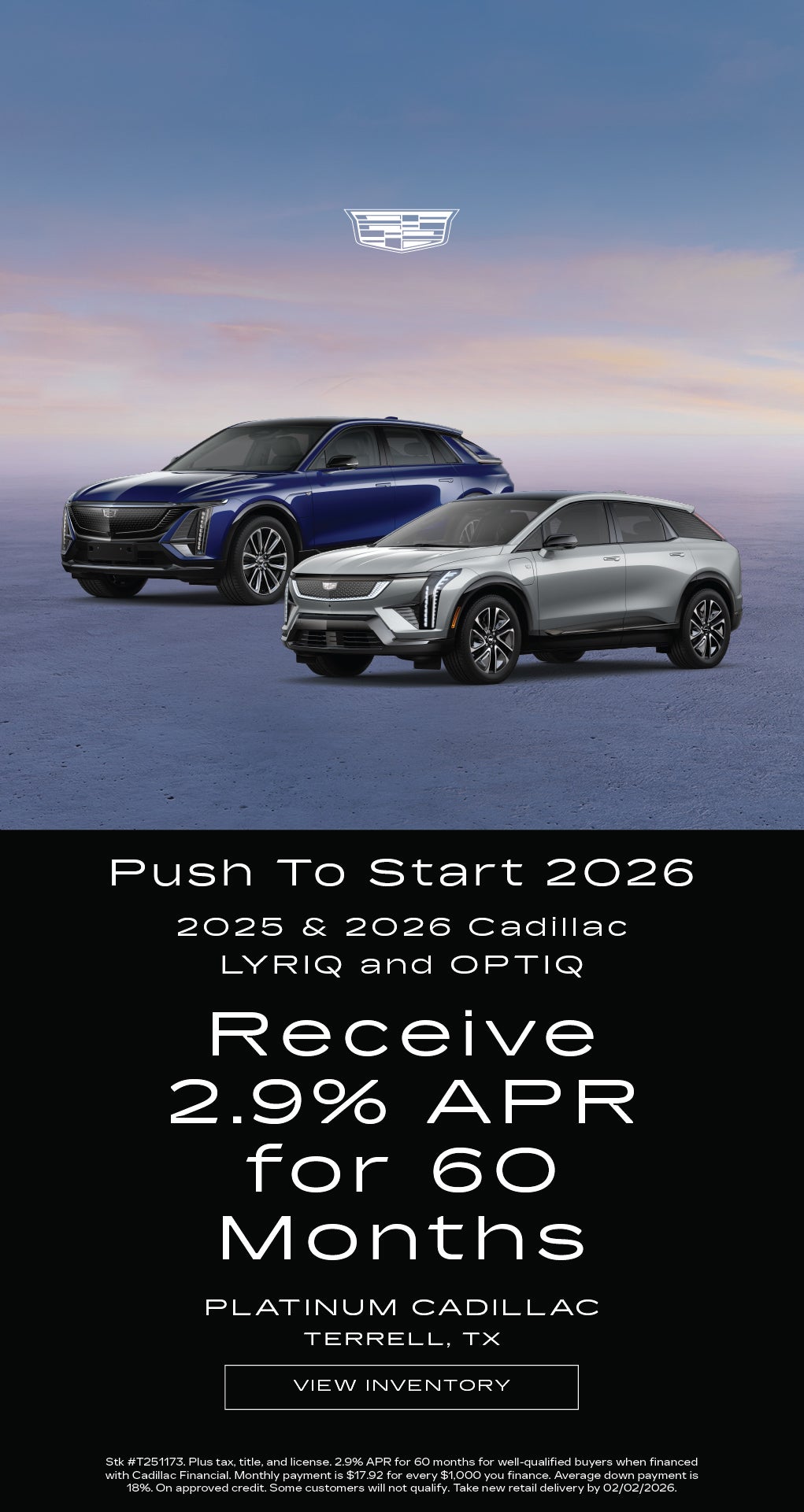 Shop 2.9% APR For 60 Months on 2025 & 2026 Cadillac LYRIQ and OPTIQ!