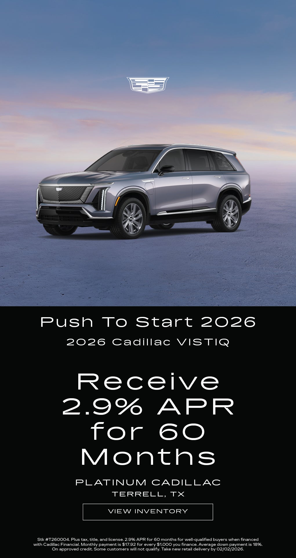Shop 2.9% APR For 60 Months on 2026 Cadillac VISTIQ!